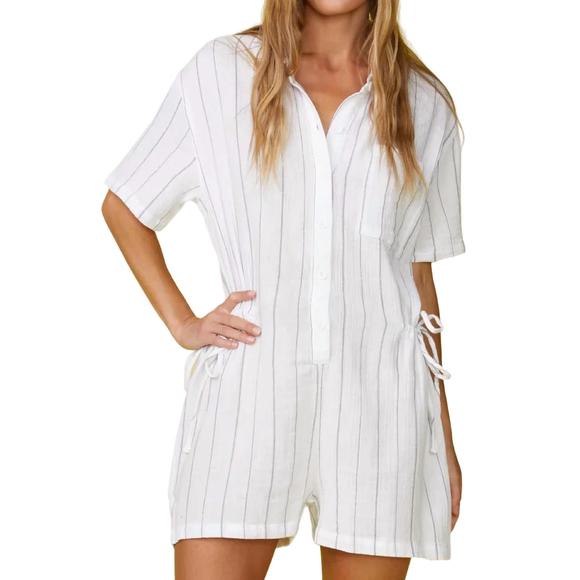 Monrow Pants & Jumpsuits New Monrow Pinstripe Gauze Romper In White